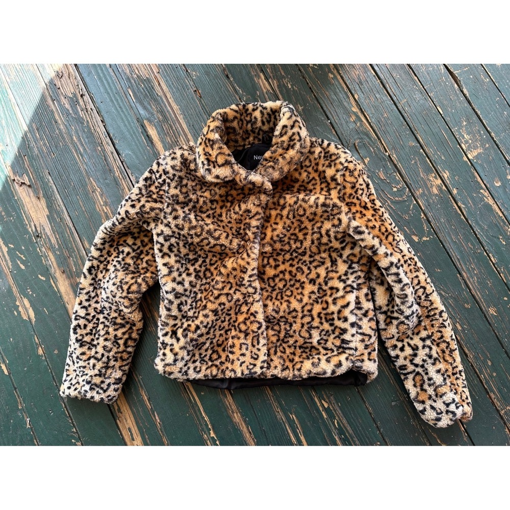 New Look Womens Leopard Print Faux Fur Jacket Brown Tan Animal Pattern Large‎
